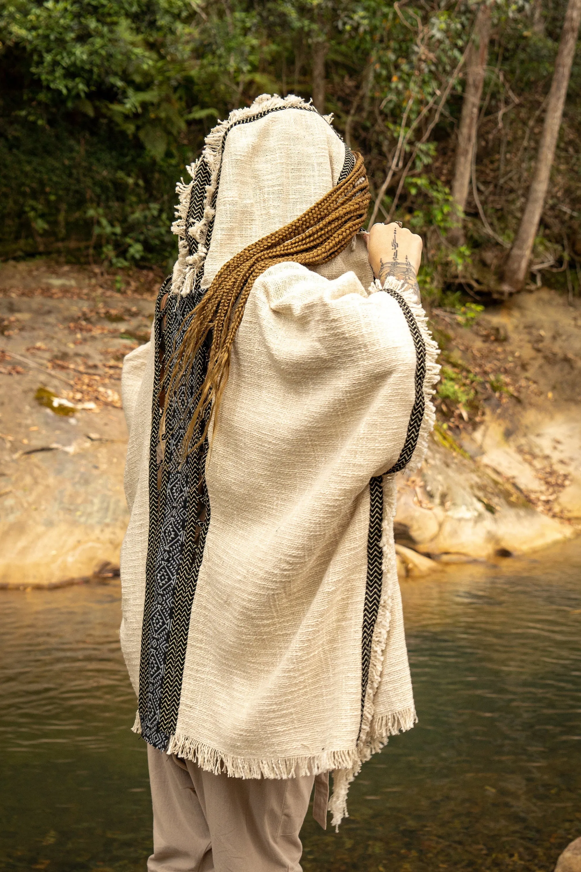 WIZARD Womens Hooded Kimono Vest Beige Tribal Ritual Ceremony Shamanic Gypsy Festival Magic Ritual Alchemy Primitive Rave Boho Earthy AJJAYA