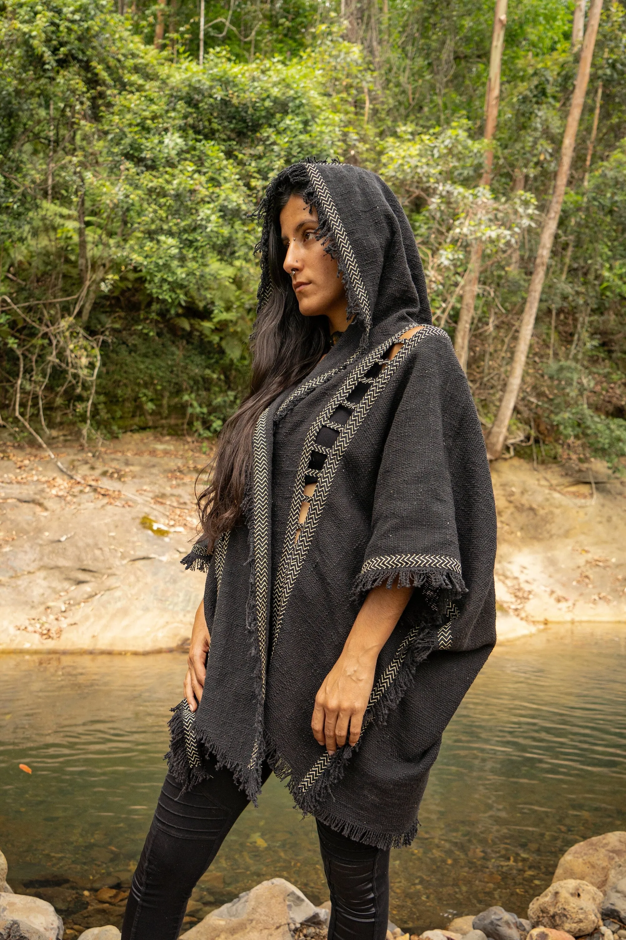 WIZARD Womens Hooded Kimono Vest Beige Tribal Ritual Ceremony Shamanic Gypsy Festival Magic Ritual Alchemy Primitive Rave Boho Earthy AJJAYA