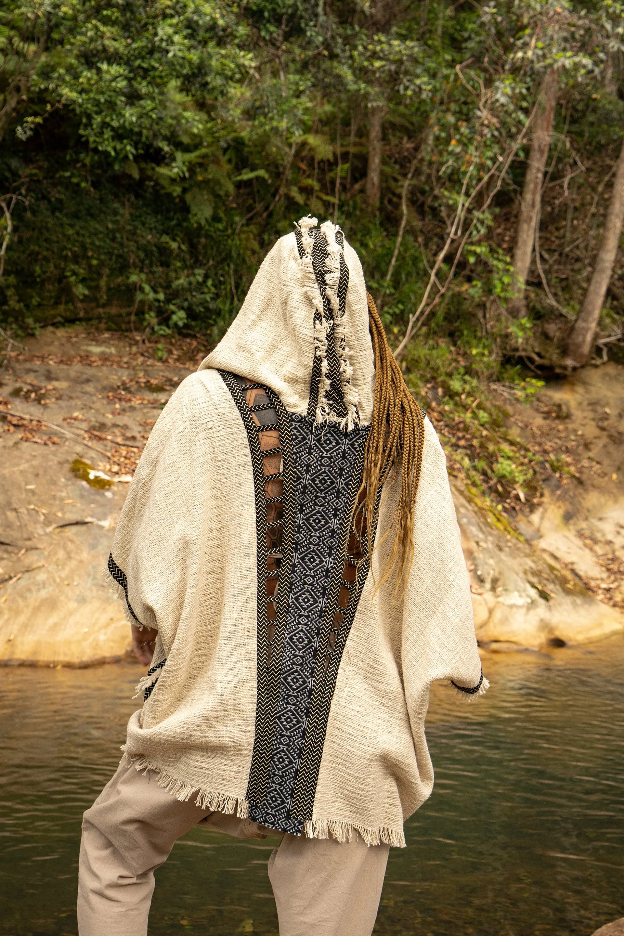 WIZARD Womens Hooded Kimono Vest Beige Tribal Ritual Ceremony Shamanic Gypsy Festival Magic Ritual Alchemy Primitive Rave Boho Earthy AJJAYA