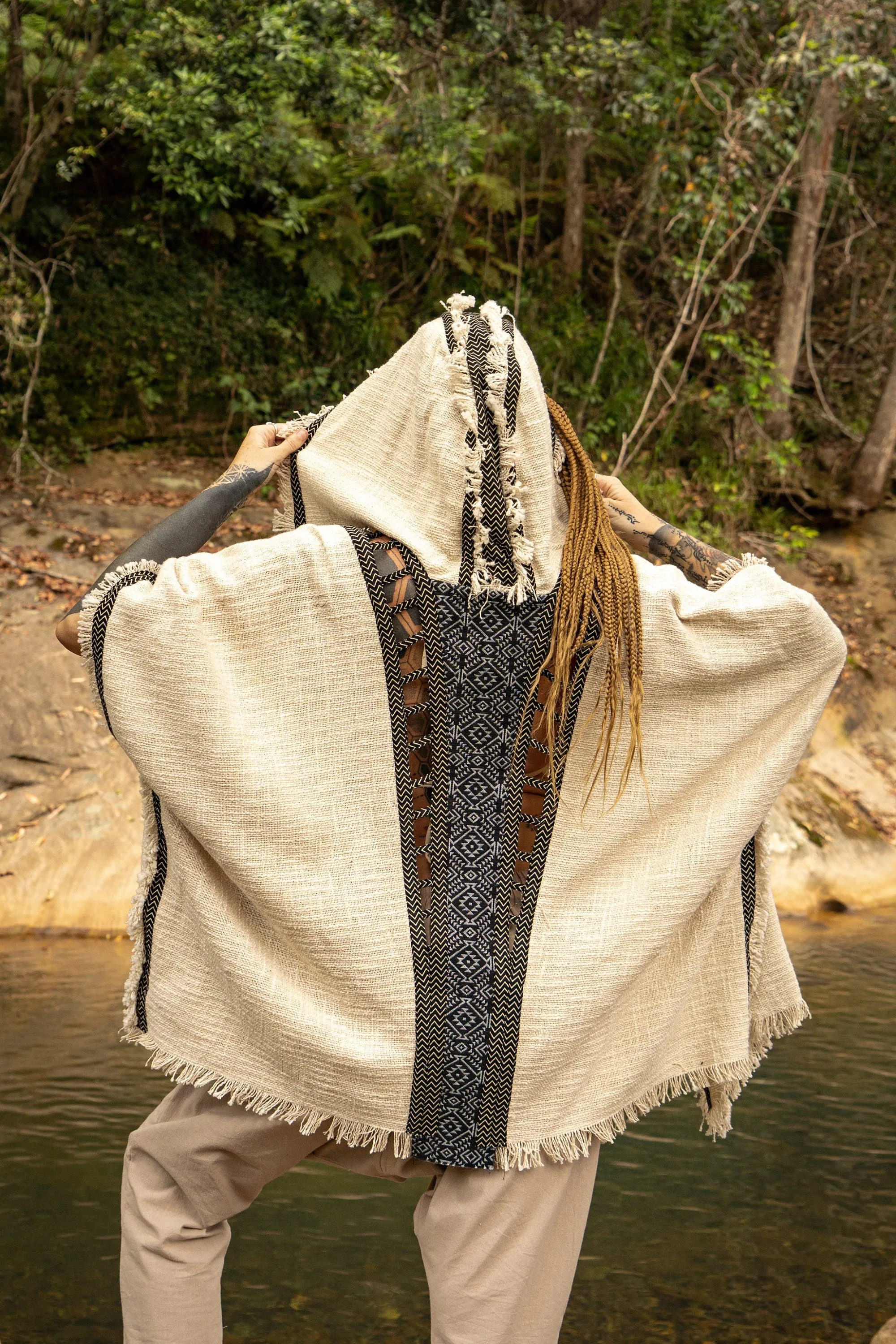 WIZARD Womens Hooded Kimono Vest Beige Tribal Ritual Ceremony Shamanic Gypsy Festival Magic Ritual Alchemy Primitive Rave Boho Earthy AJJAYA