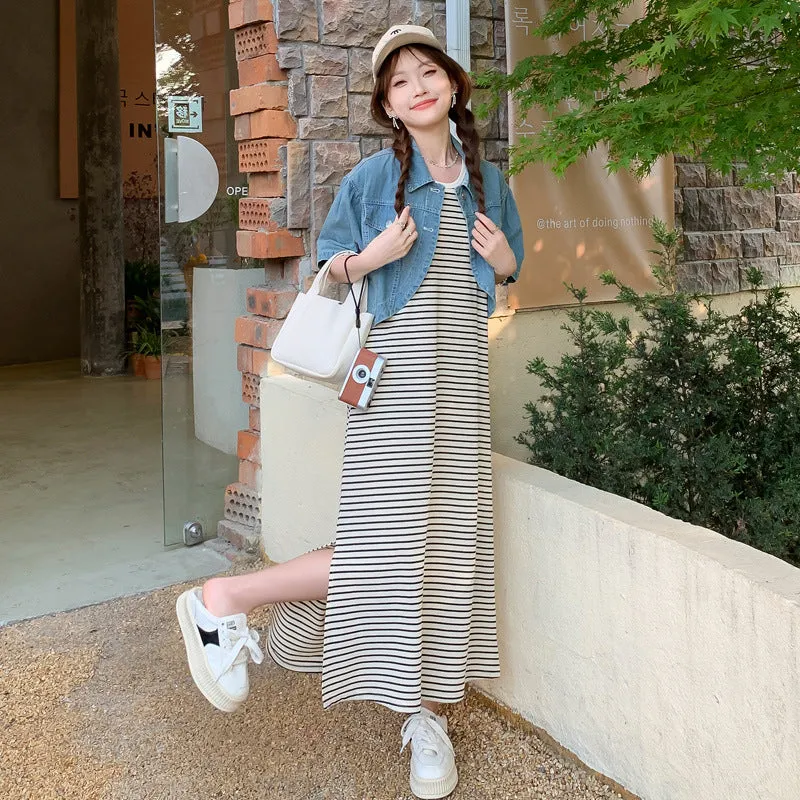 Wjczt casual outfits Summer New Fashion Striped Pregnant Women Dress   Denim Coat Suit Two-Piece Set