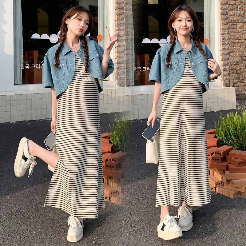 Wjczt casual outfits Summer New Fashion Striped Pregnant Women Dress   Denim Coat Suit Two-Piece Set