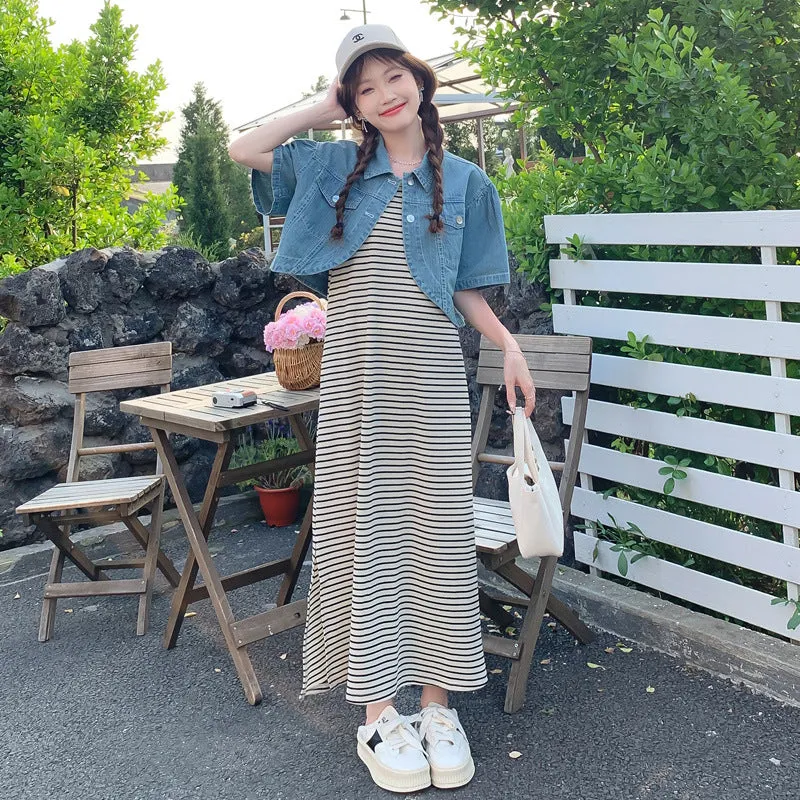 Wjczt casual outfits Summer New Fashion Striped Pregnant Women Dress   Denim Coat Suit Two-Piece Set