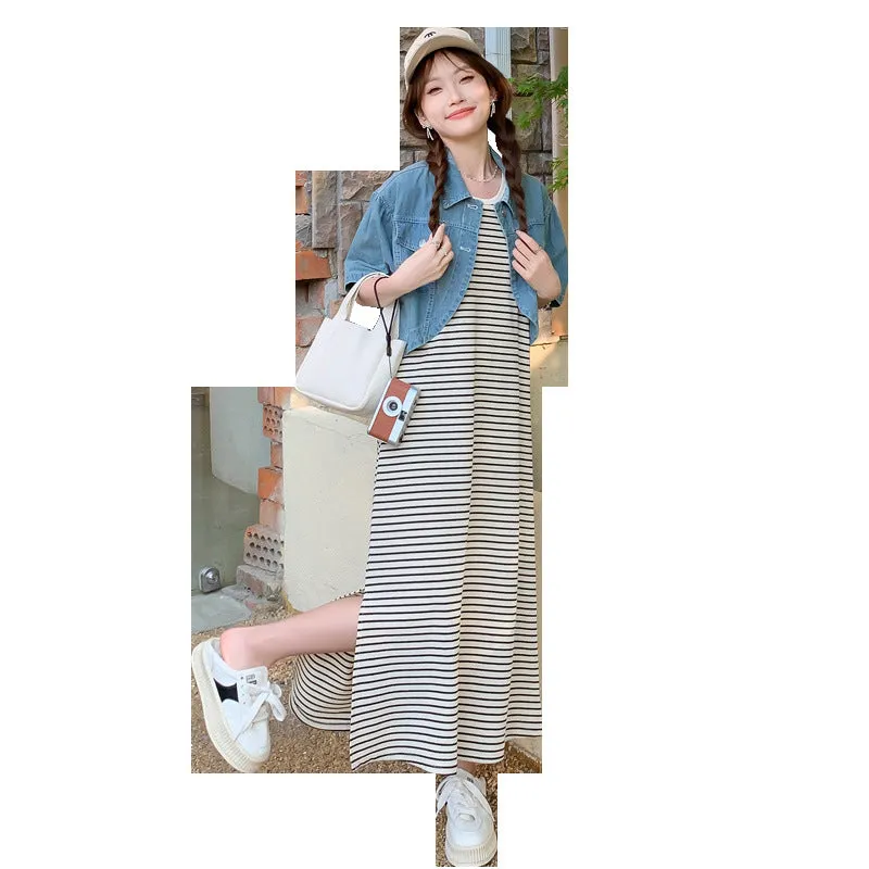 Wjczt casual outfits Summer New Fashion Striped Pregnant Women Dress   Denim Coat Suit Two-Piece Set