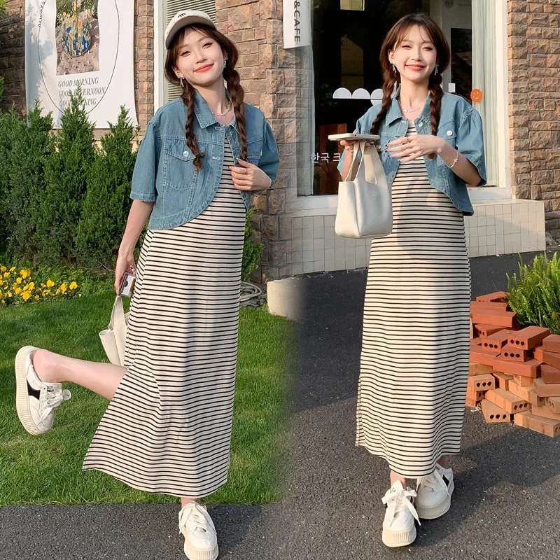 Wjczt casual outfits Summer New Fashion Striped Pregnant Women Dress   Denim Coat Suit Two-Piece Set