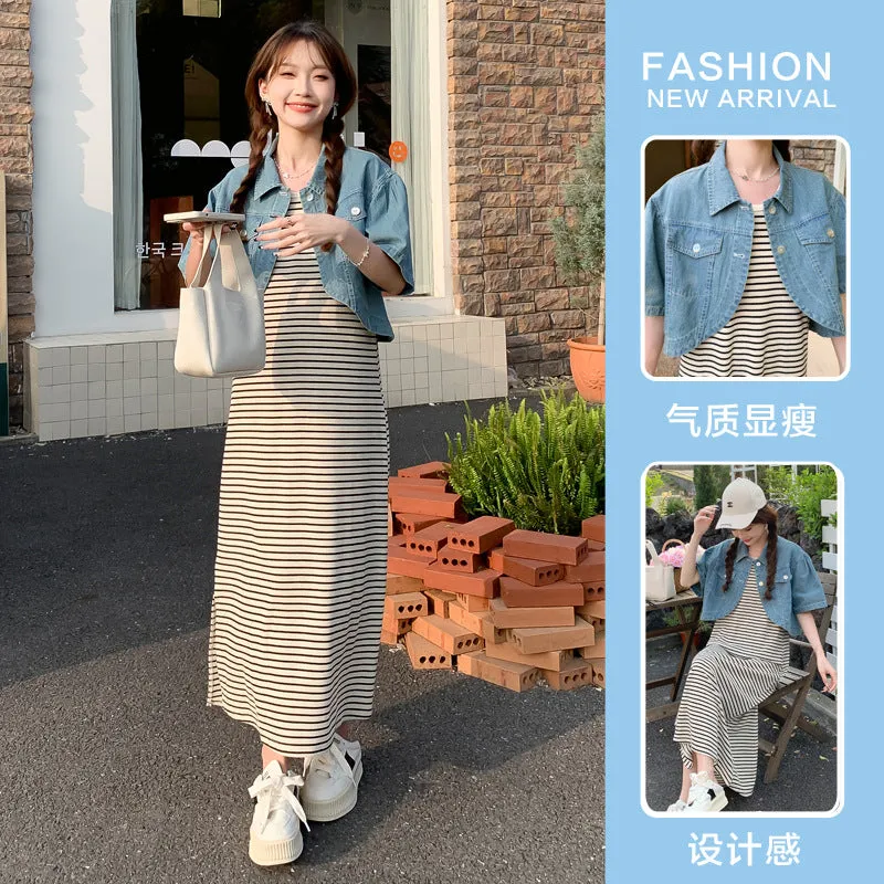 Wjczt casual outfits Summer New Fashion Striped Pregnant Women Dress   Denim Coat Suit Two-Piece Set