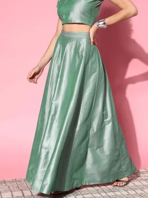 Women Green Mirror Embroidered Waistband Anarkali Skirt