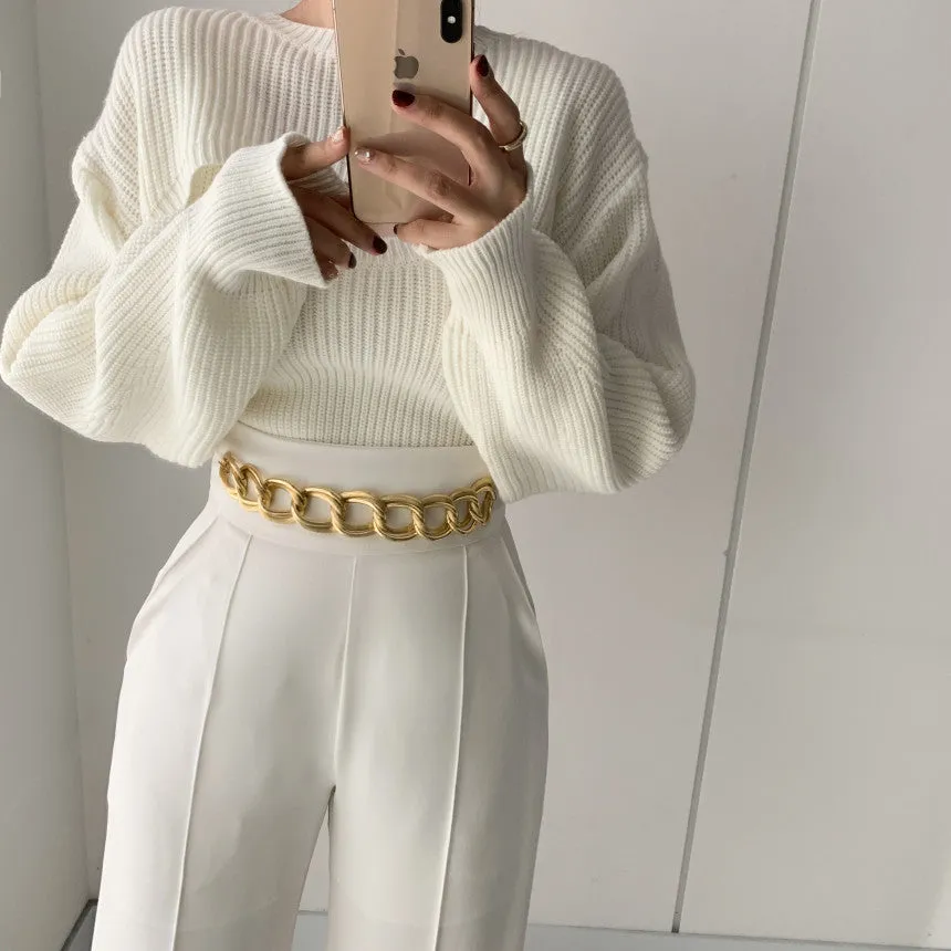 women knit white 2 piece sweater, ladies long sleeve clothing knit sweater