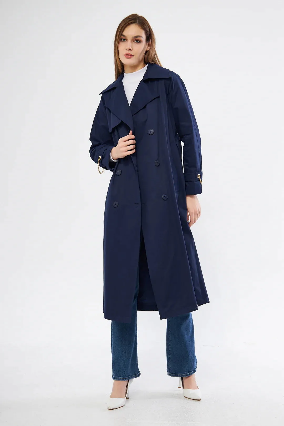 Women's Chain Detail Long Trench Coat -Navy Blue- SCB-W12386