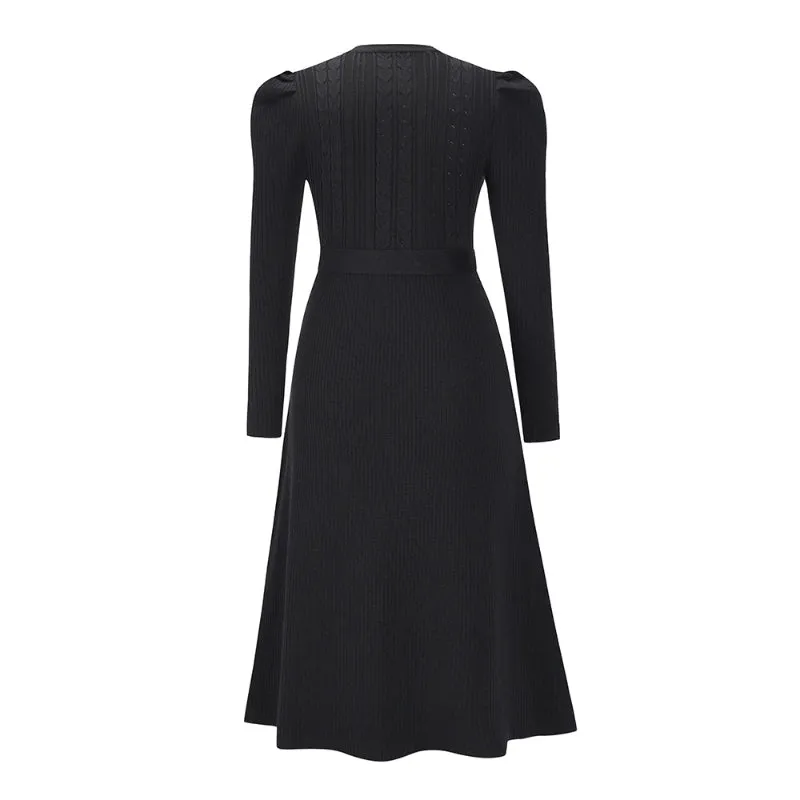 Women's Elegant Cable Knit Dress Crewneck Slim Fit Pullover with Belt Sweater Dress in Black