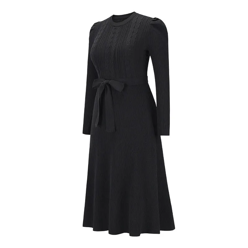 Women's Elegant Cable Knit Dress Crewneck Slim Fit Pullover with Belt Sweater Dress in Black