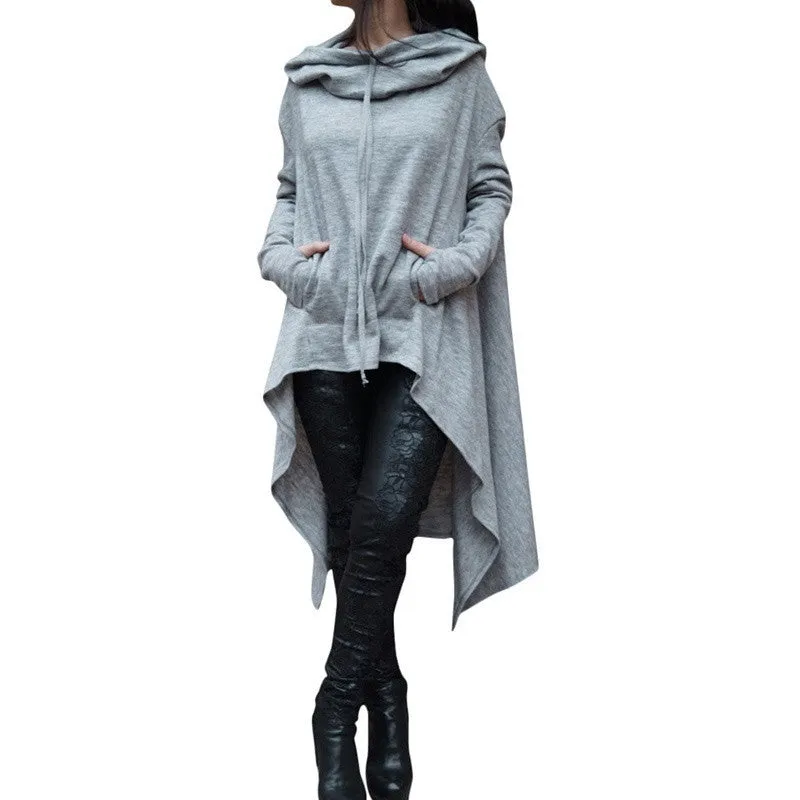 Women's Fashion Solid Color Draw Cord Coat Long Sleeve Loose Casual Poncho Coat Hooded Pullover Long Hoodies Sweatshirts