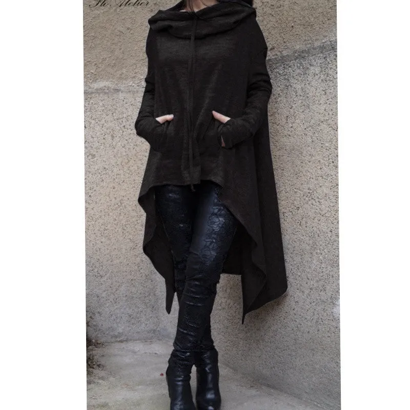 Women's Fashion Solid Color Draw Cord Coat Long Sleeve Loose Casual Poncho Coat Hooded Pullover Long Hoodies Sweatshirts