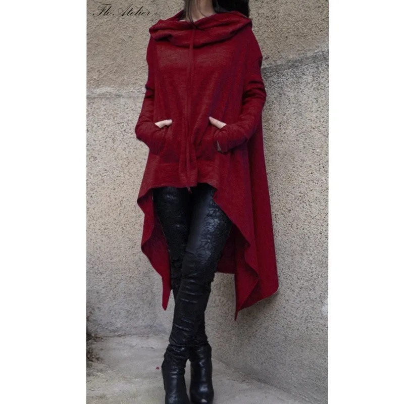 Women's Fashion Solid Color Draw Cord Coat Long Sleeve Loose Casual Poncho Coat Hooded Pullover Long Hoodies Sweatshirts