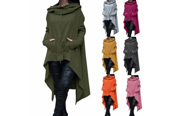 Women's Fashion Solid Color Draw Cord Coat Long Sleeve Loose Casual Poncho Coat Hooded Pullover Long Hoodies Sweatshirts