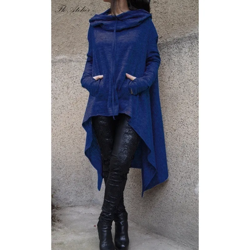 Women's Fashion Solid Color Draw Cord Coat Long Sleeve Loose Casual Poncho Coat Hooded Pullover Long Hoodies Sweatshirts