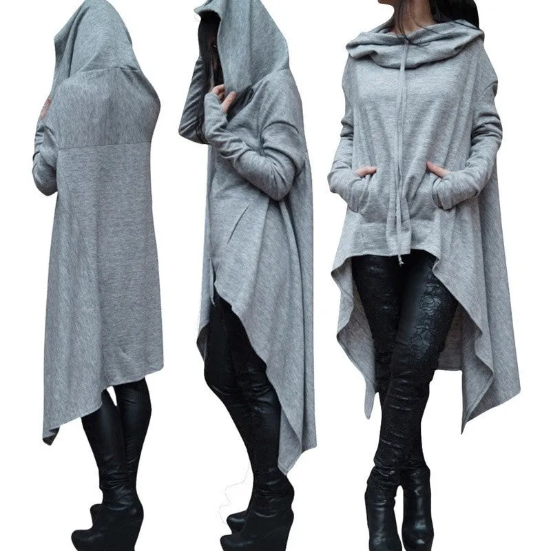 Women's Fashion Solid Color Draw Cord Coat Long Sleeve Loose Casual Poncho Coat Hooded Pullover Long Hoodies Sweatshirts