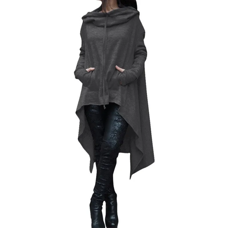 Women's Fashion Solid Color Draw Cord Coat Long Sleeve Loose Casual Poncho Coat Hooded Pullover Long Hoodies Sweatshirts