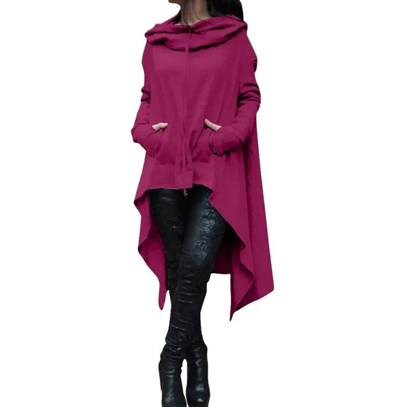 Women's Fashion Solid Color Draw Cord Coat Long Sleeve Loose Casual Poncho Coat Hooded Pullover Long Hoodies Sweatshirts