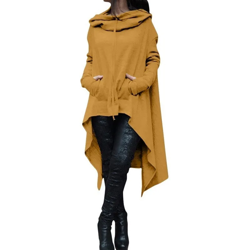 Women's Fashion Solid Color Draw Cord Coat Long Sleeve Loose Casual Poncho Coat Hooded Pullover Long Hoodies Sweatshirts