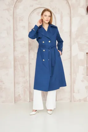 Women's Gold Button Chain Long Trench Coat Indigo - SCB-W12385