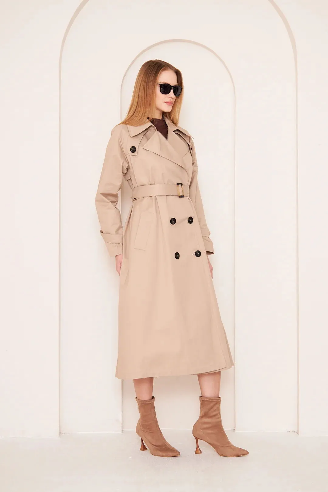 Women's Long Trench Coat with Button Detail - Beige - SCB-W12400