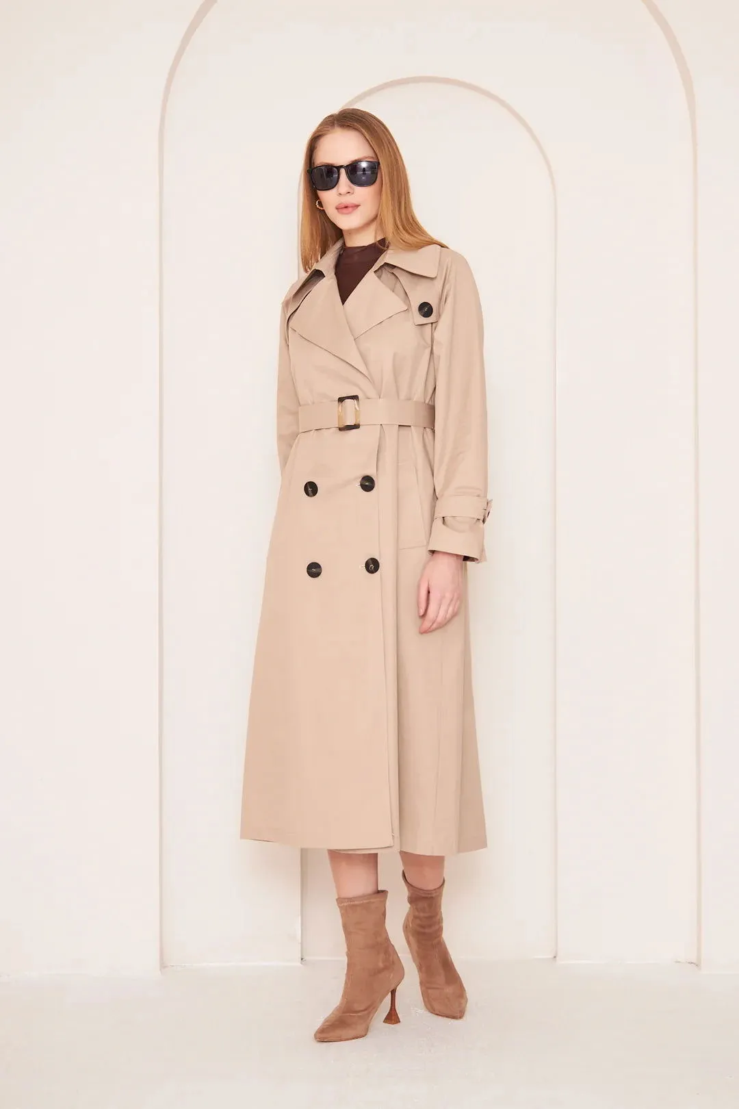 Women's Long Trench Coat with Button Detail - Beige - SCB-W12400