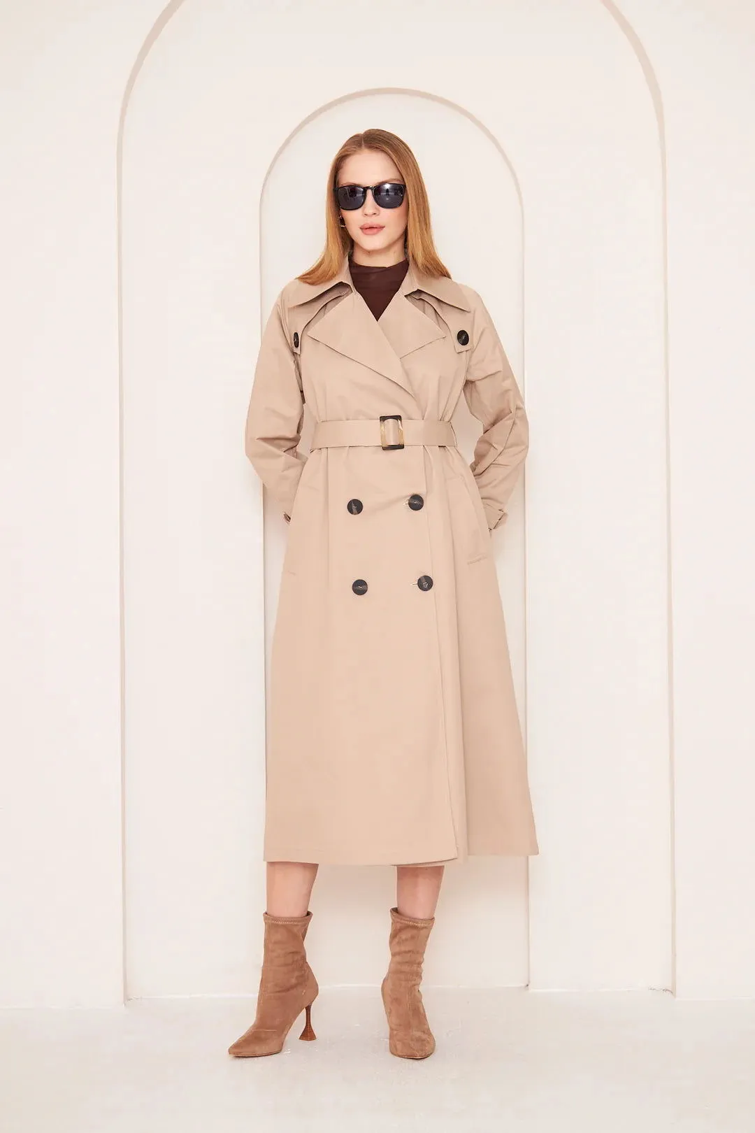 Women's Long Trench Coat with Button Detail - Beige - SCB-W12400