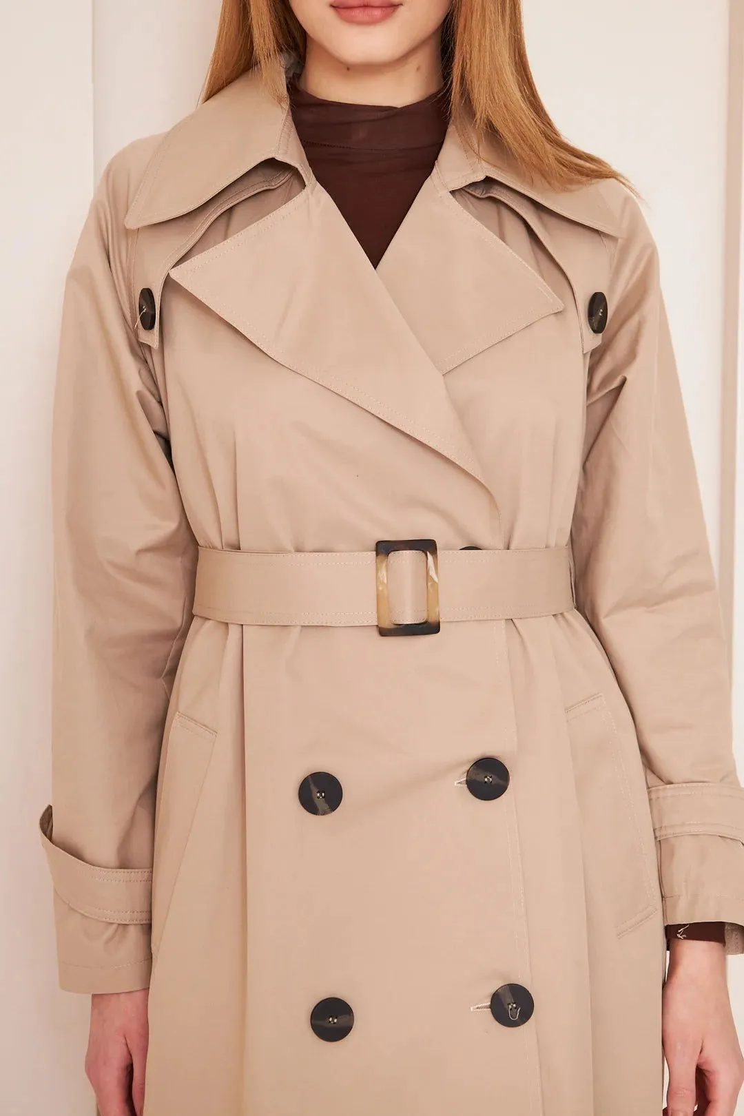 Women's Long Trench Coat with Button Detail - Beige - SCB-W12400