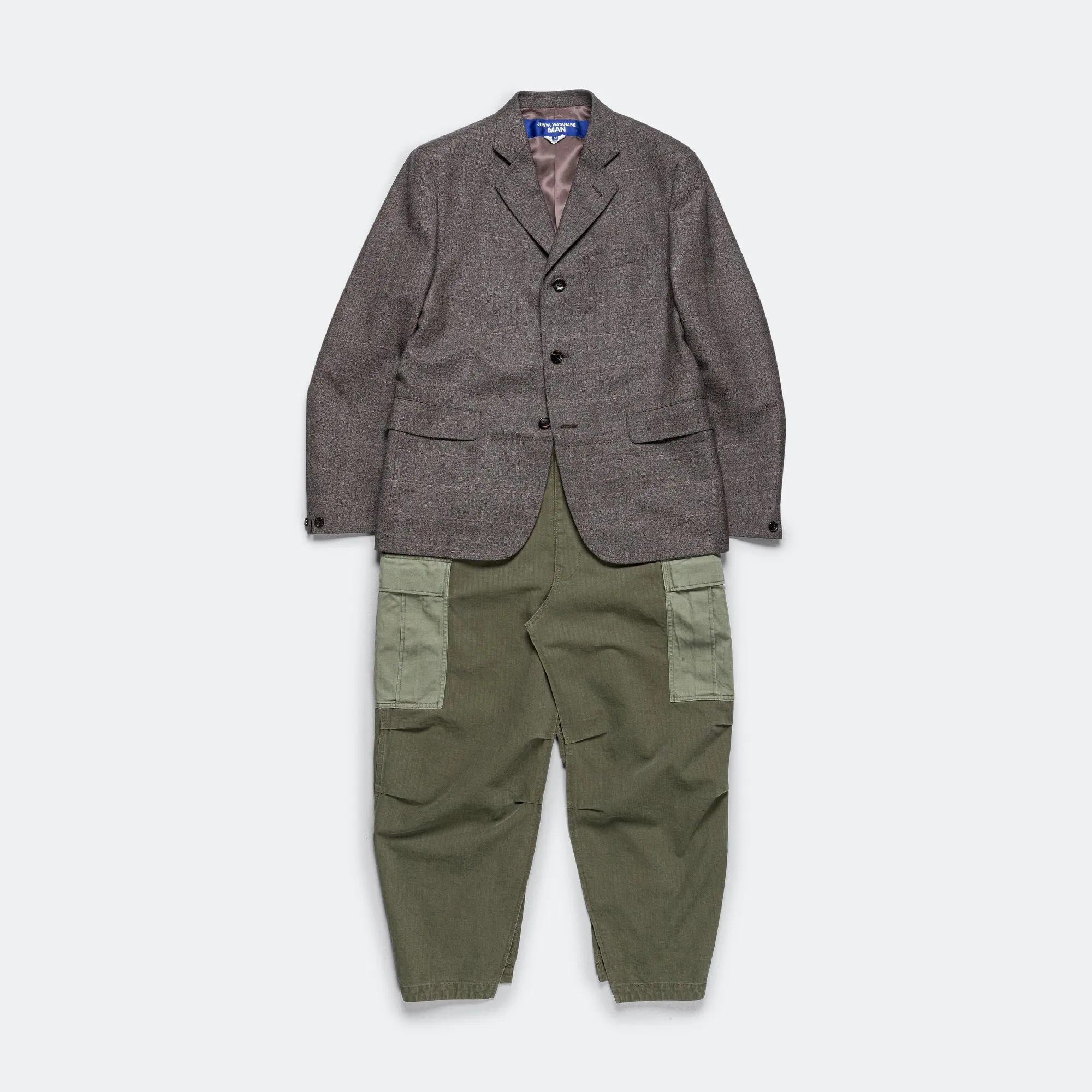 Wool Check x Cotton Herringbone Trench - Dark Brown x Khaki