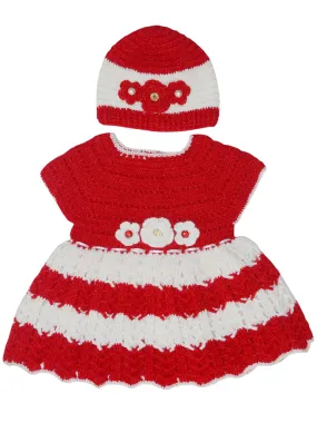 Woolen Crochet Design handmade Cap Sleeve Baby Frock - Red & White