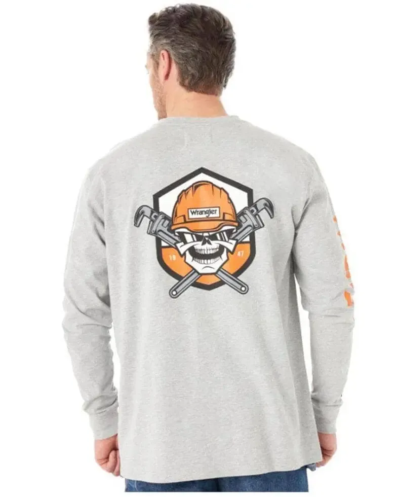 WRANGLER - FR Men's Wrench Skull Graphic Long Sleeve Work T-Shirt, Heather Grey