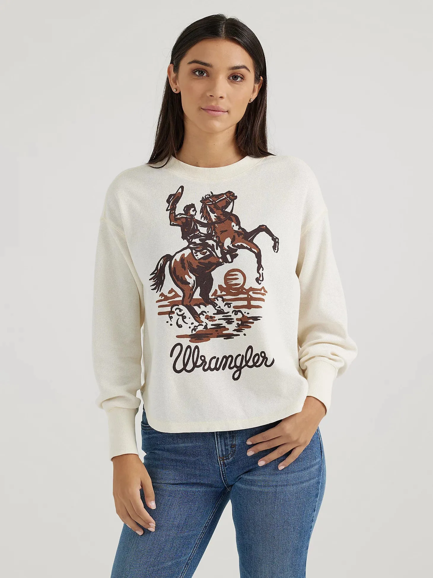 Wrangler Ladies Bucking Cowboy Waffle Thermal Shirt - White - 112356698