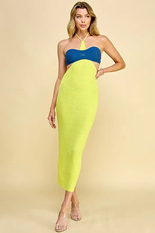 Yellow/Blue Cutout Halter Neck Sweater Dress